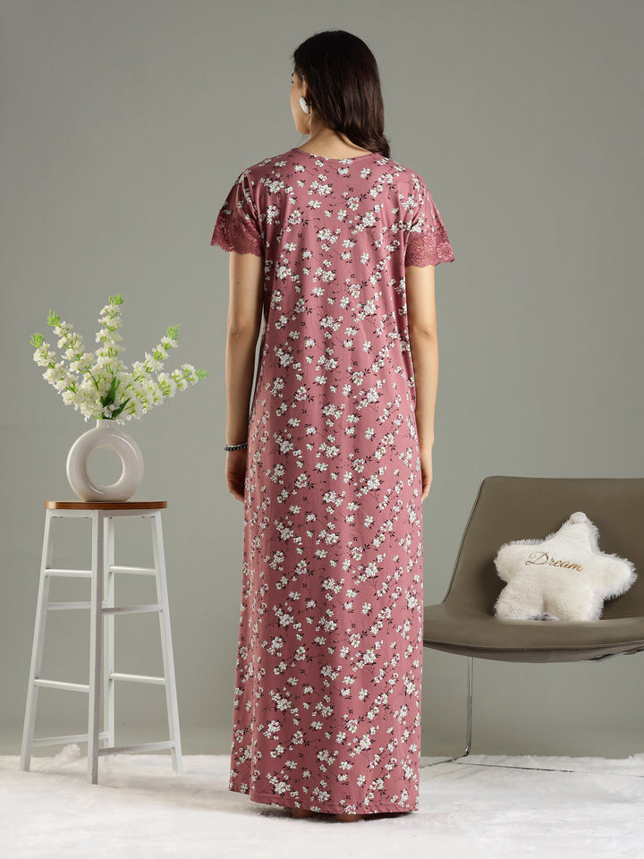 Hosiery Cotton Pink Floral Front Zip Feeding Nighties