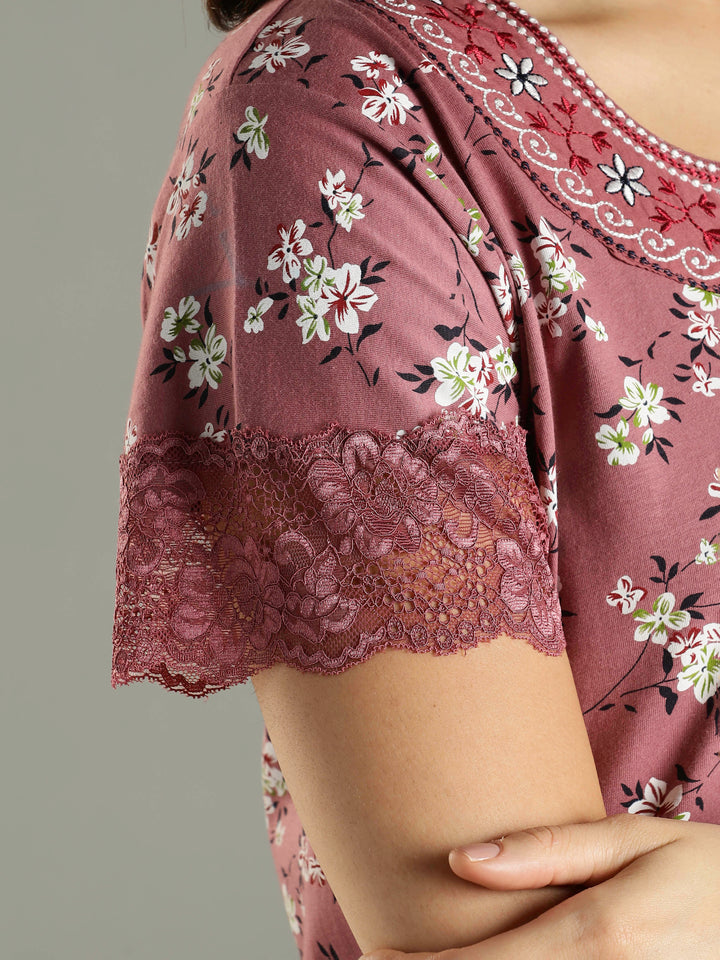 Hosiery Cotton Pink Floral Front Zip Feeding Nighties