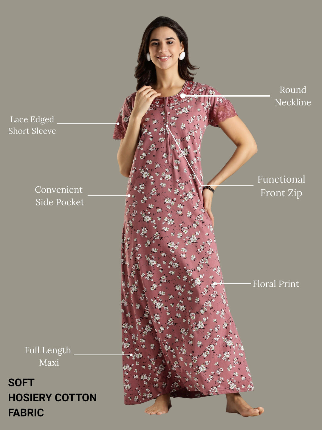 Hosiery Cotton Pink Floral Front Zip Feeding Nighties