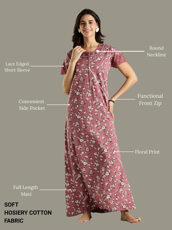 Hosiery Cotton Pink Floral Front Zip Feeding Nighties
