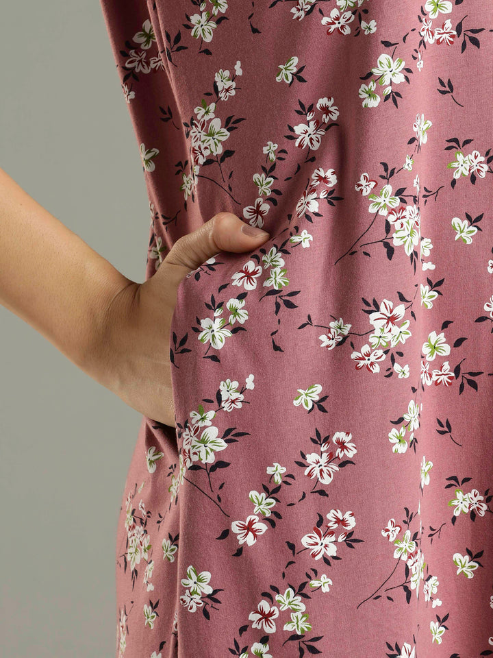 Hosiery Cotton Pink Floral Front Zip Feeding Nighties