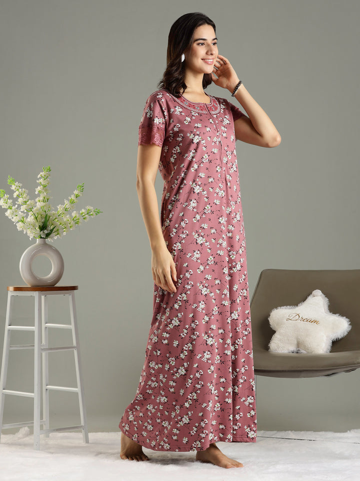 Hosiery Cotton Pink Floral Front Zip Feeding Nighties