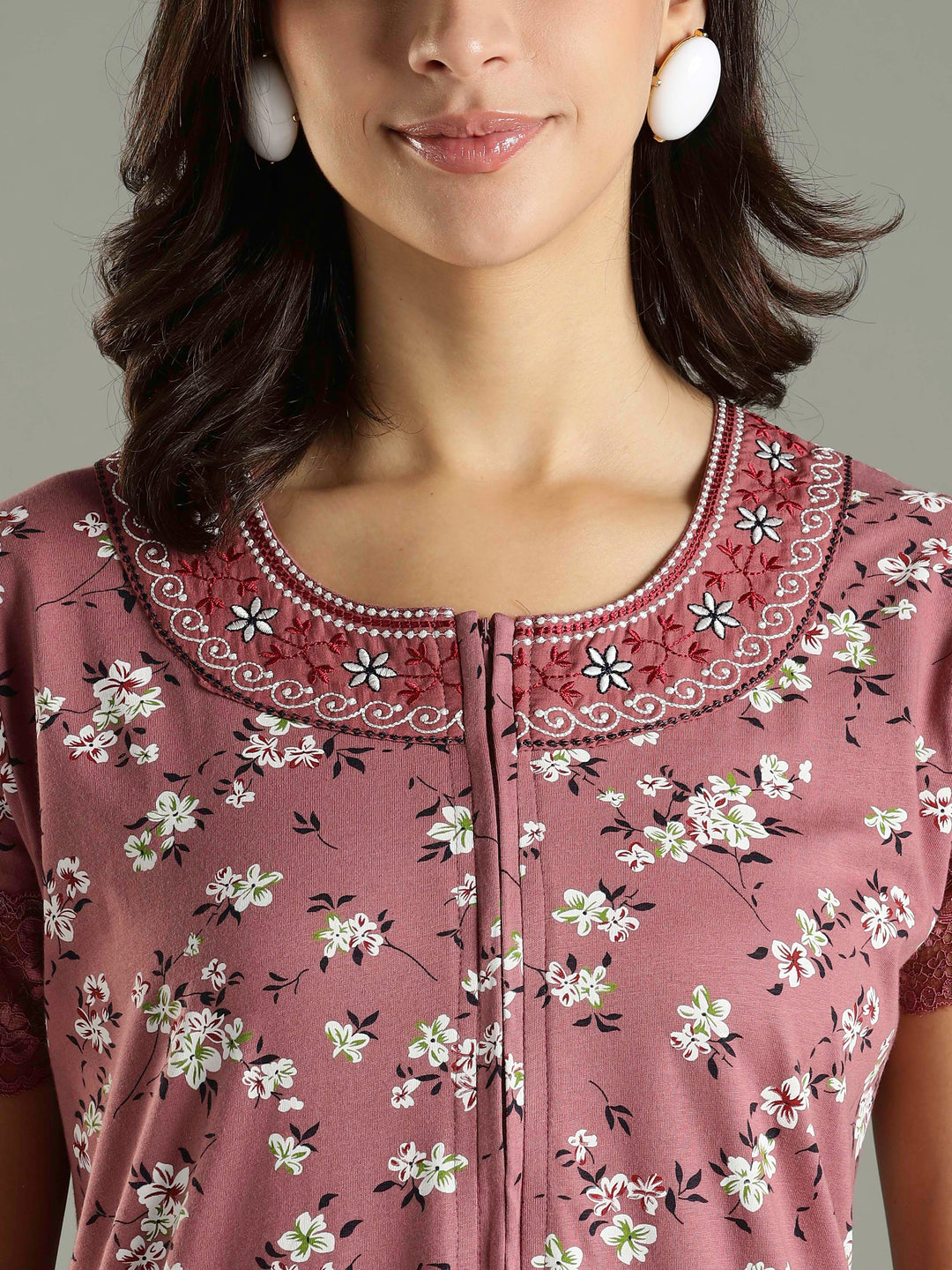 Hosiery Cotton Pink Floral Front Zip Feeding Nighties