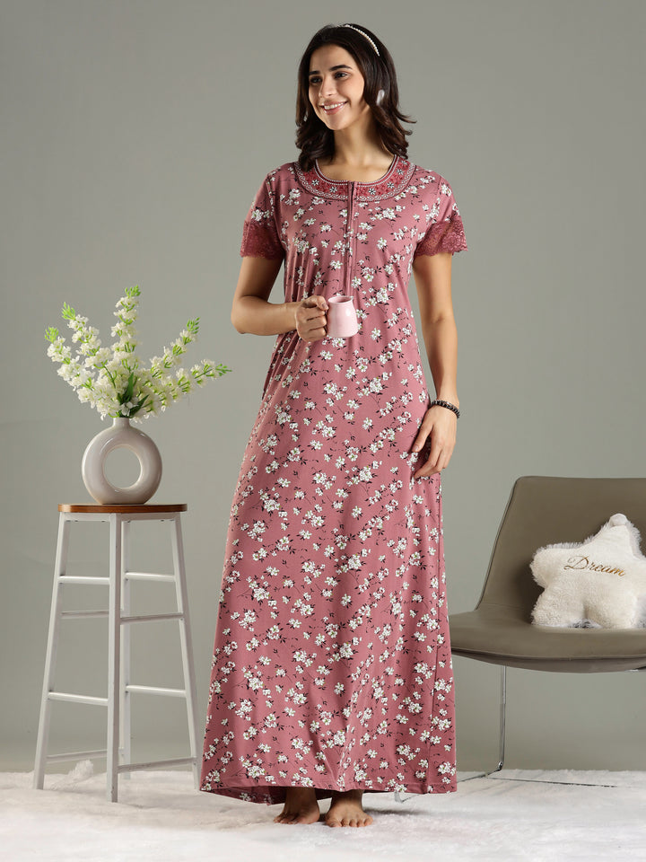 Hosiery Cotton Pink Floral Front Zip Feeding Nighties