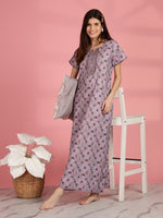 Pink Digital Print Cotton Nighty in A-Line with Lace Neckline