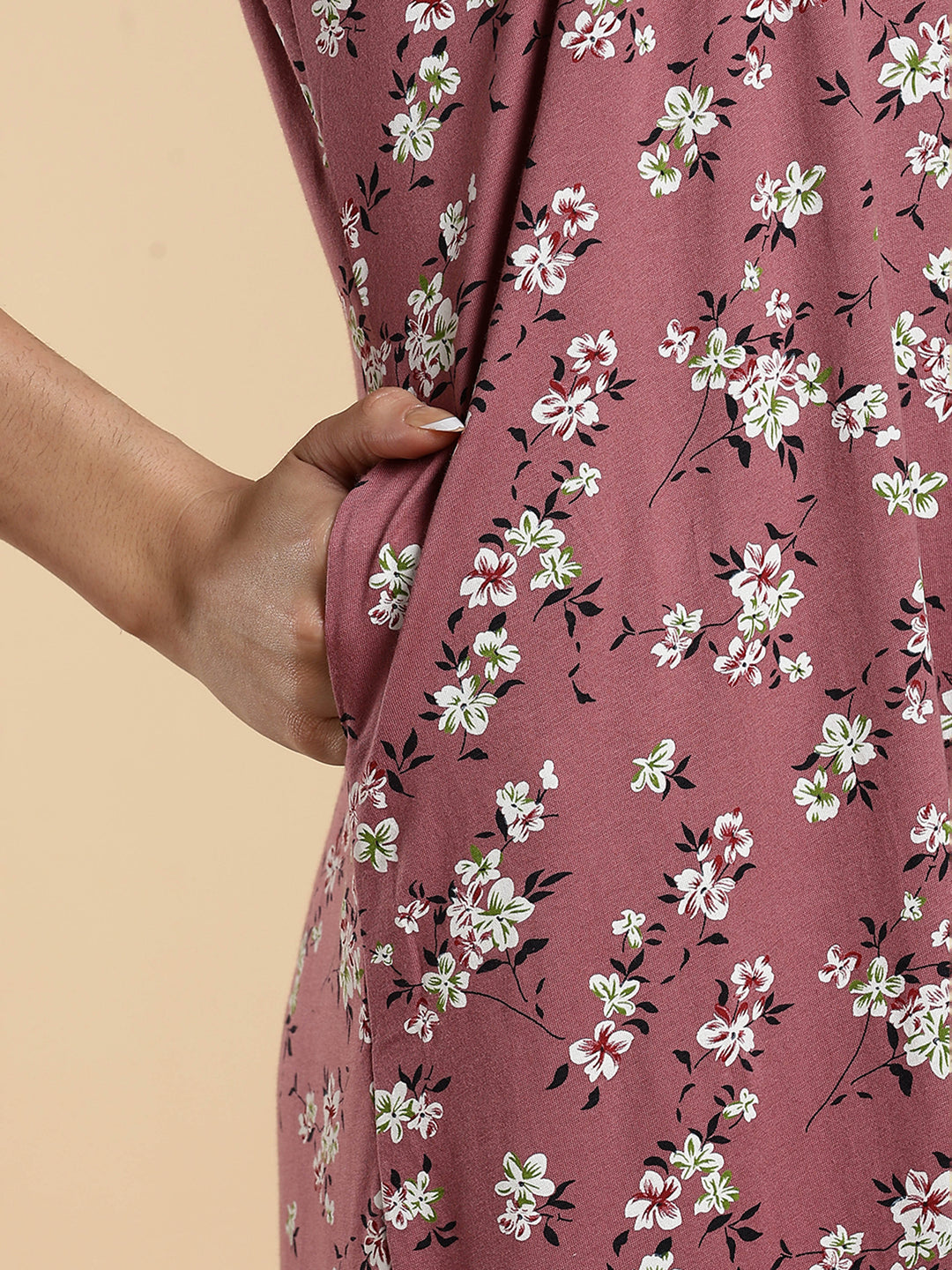 Pink Hosiery Cotton Floral Embroidered Night Dress for Women