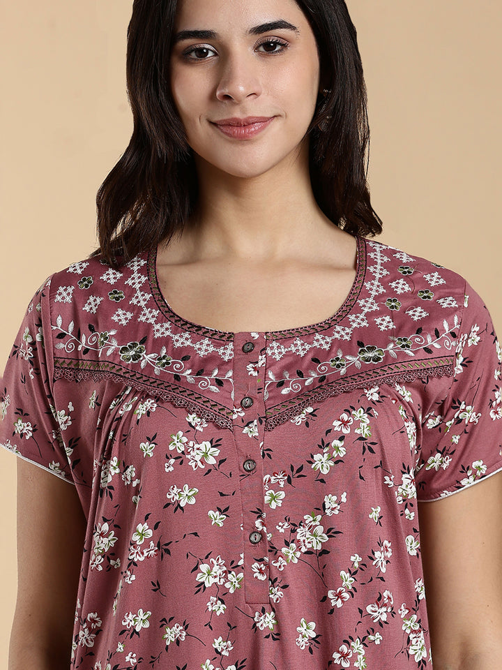 Pink Hosiery Cotton Floral Embroidered Night Dress for Women