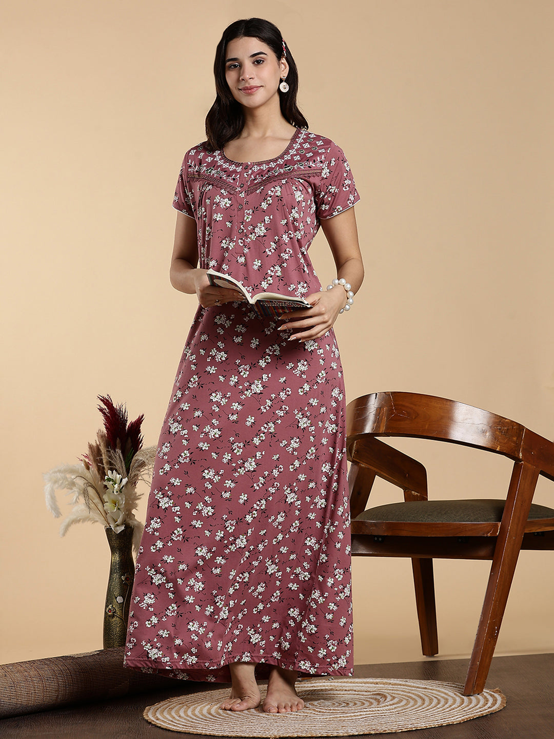 Pink Hosiery Cotton Floral Embroidered Night Dress for Women