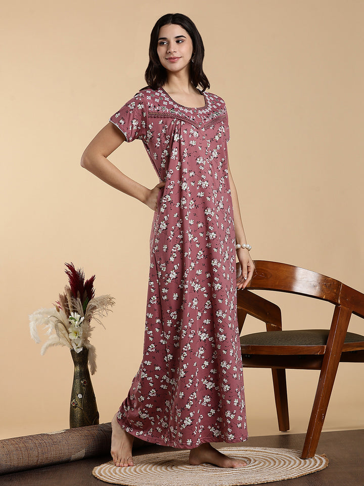 Pink Hosiery Cotton Floral Embroidered Night Dress for Women