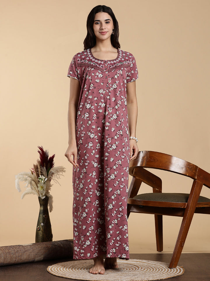 Pink Hosiery Cotton Floral Embroidered Night Dress for Women