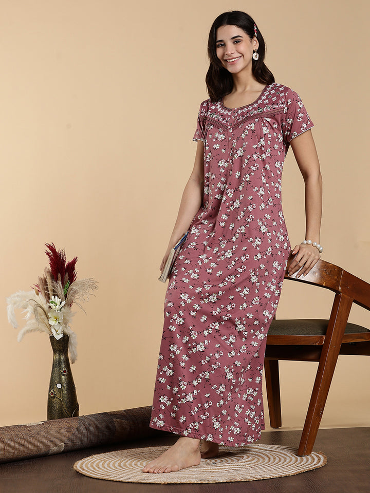 Pink Hosiery Cotton Floral Embroidered Night Dress for Women