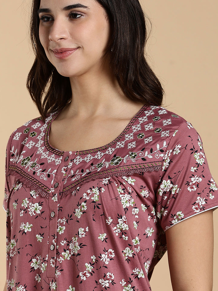 Pink Hosiery Cotton Floral Embroidered Night Dress for Women