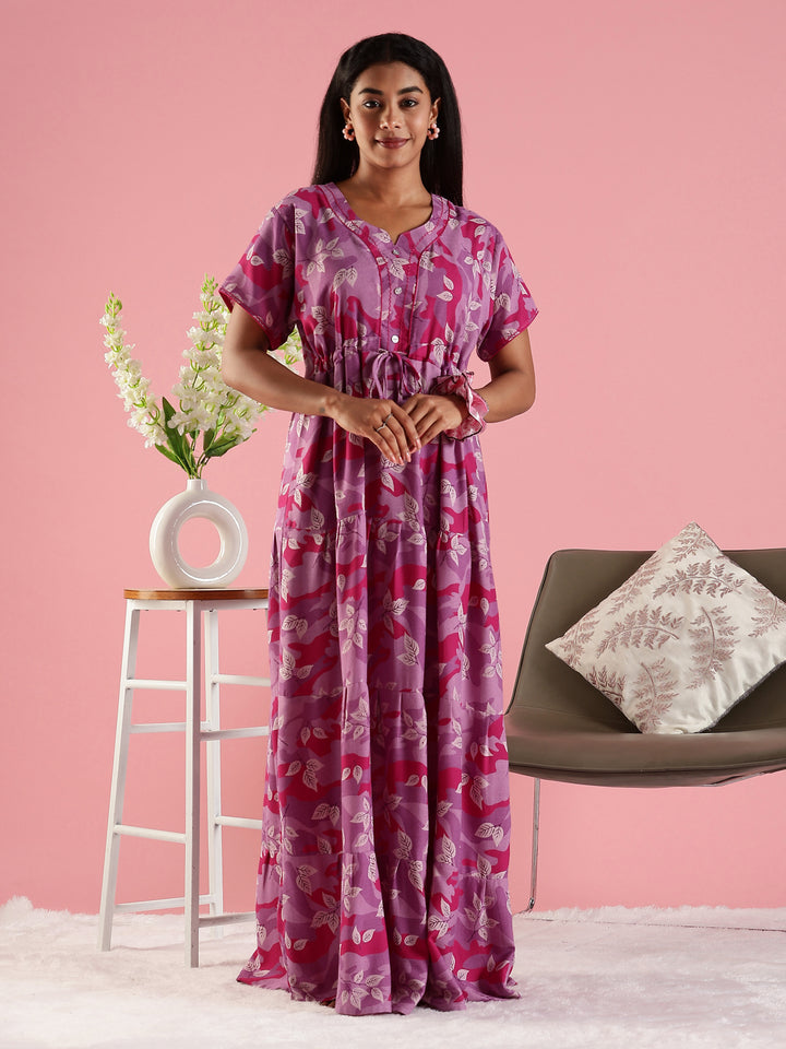 Pink Front Open Nighty for Women in Leaf Camouflage Print