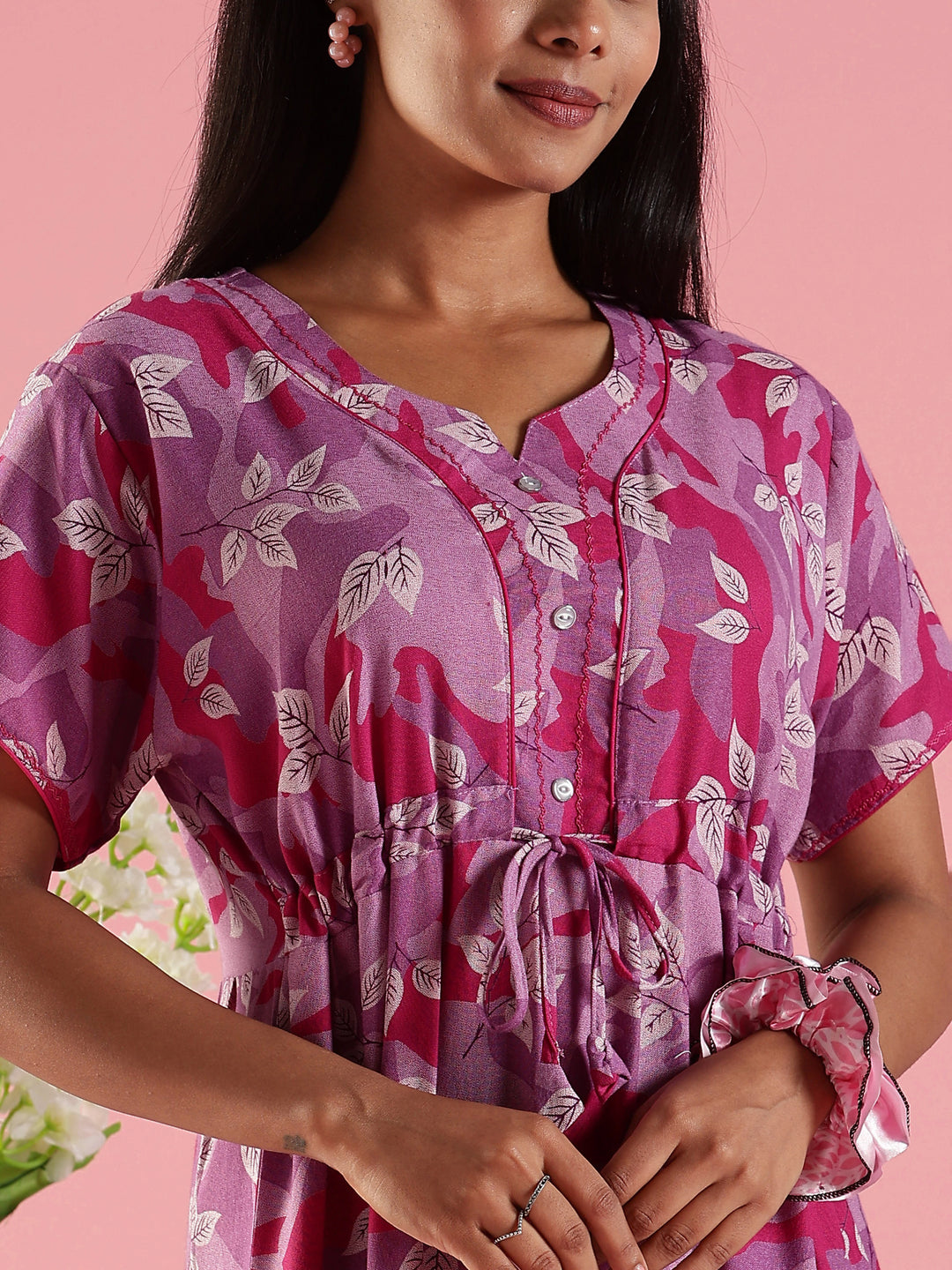Pink Front Open Nighty for Women in Leaf Camouflage Print