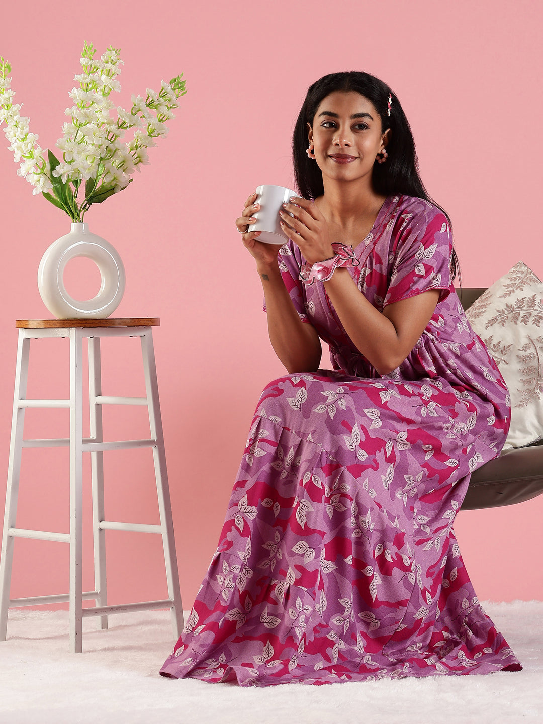 Pink Front Open Nighty for Women in Leaf Camouflage Print