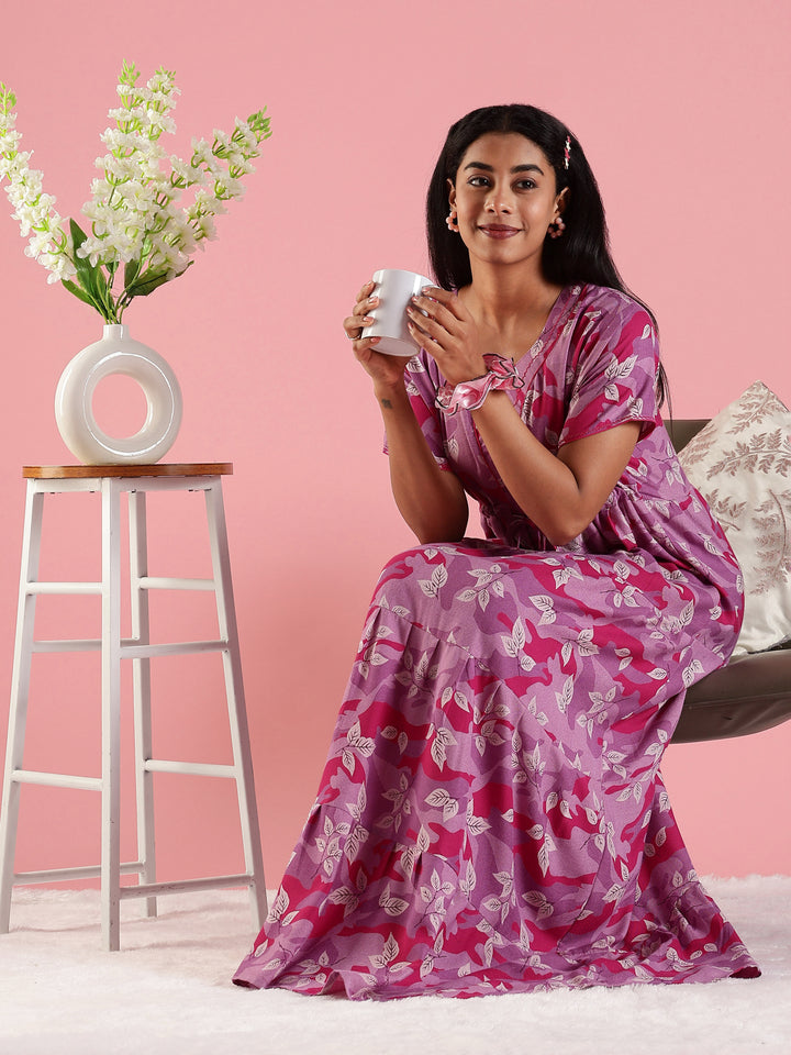 Pink Front Open Nighty for Women in Leaf Camouflage Print