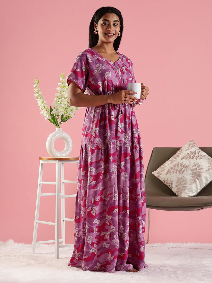 Pink Front Open Nighty for Women in Leaf Camouflage Print