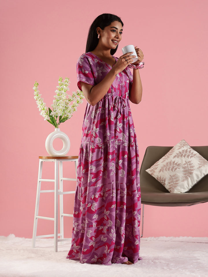 Pink Front Open Nighty for Women in Leaf Camouflage Print