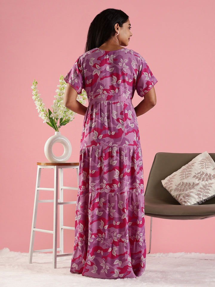 Pink Front Open Nighty for Women in Leaf Camouflage Print
