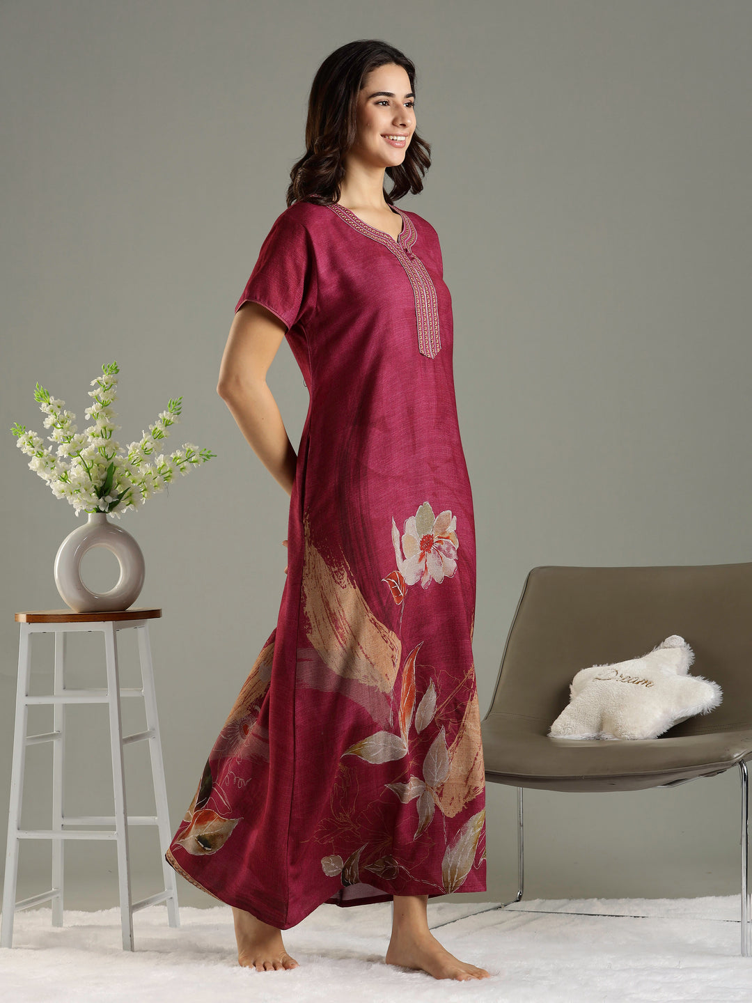 Magenta Pink Embroidered Long Nighty For Ladies In Alpine