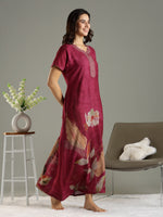 Magenta Pink Alpine Designer Nighty with Floral Digital Print and Embroidery