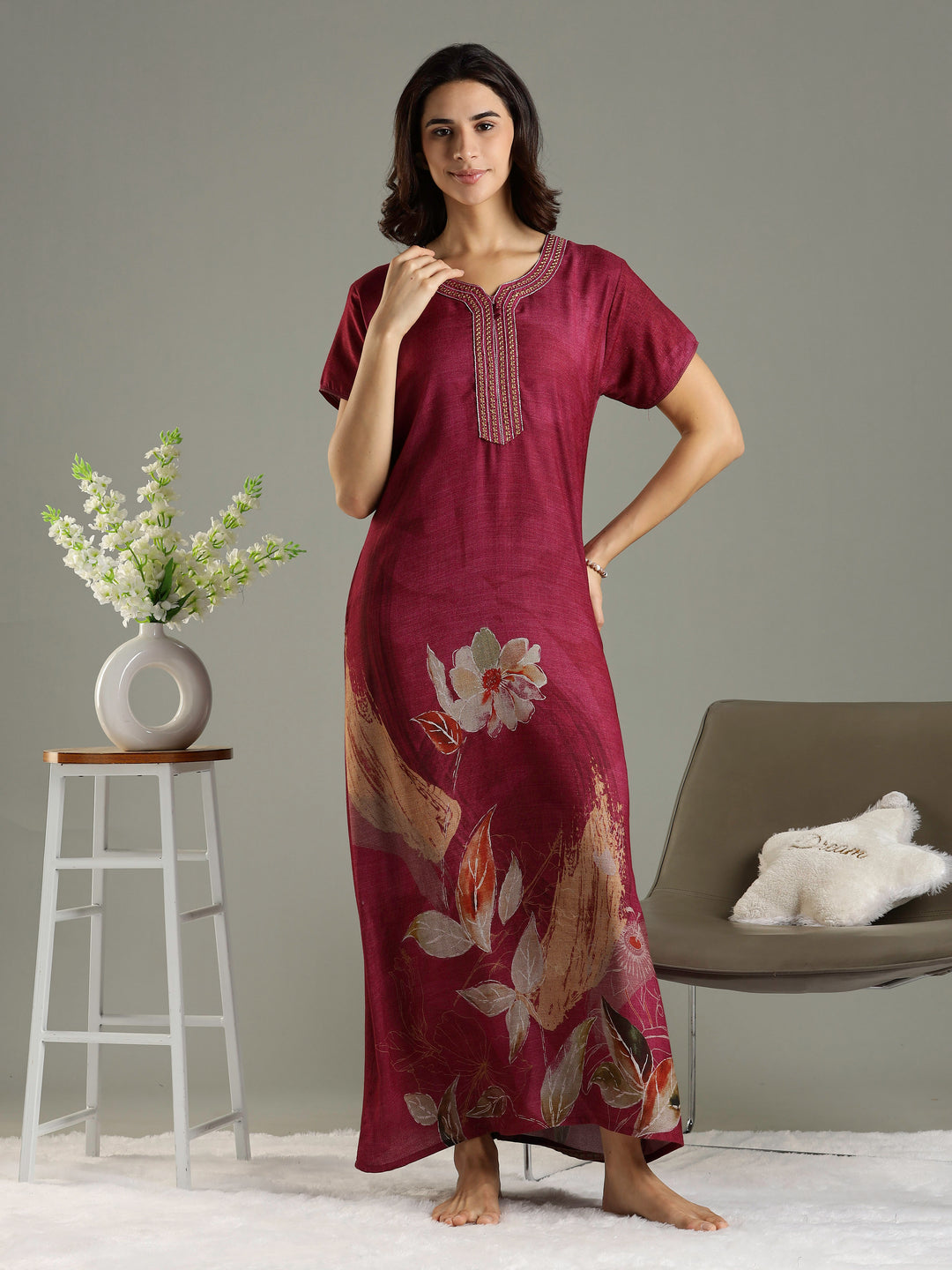 Magenta Pink Embroidered Long Nighty For Ladies In Alpine