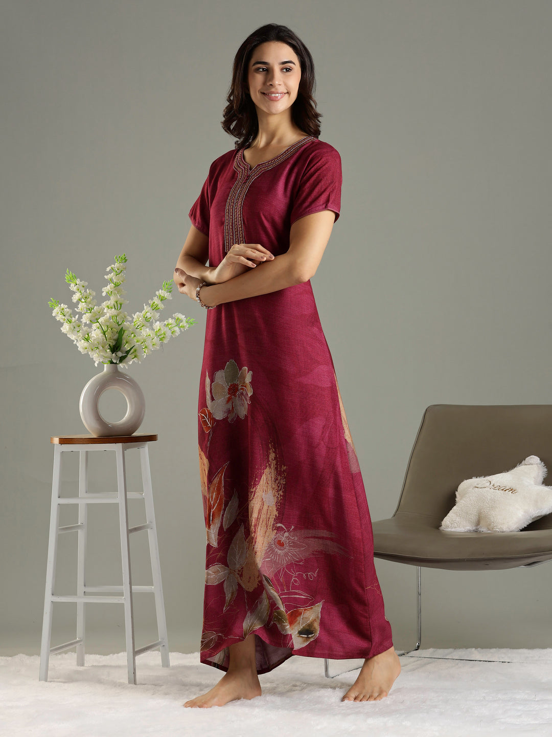 Magenta Pink Embroidered Long Nighty For Ladies In Alpine