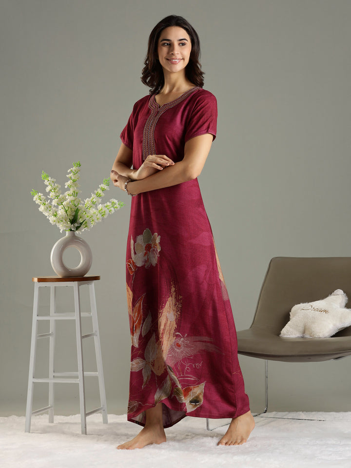 Magenta Pink Embroidered Long Nighty For Ladies In Alpine