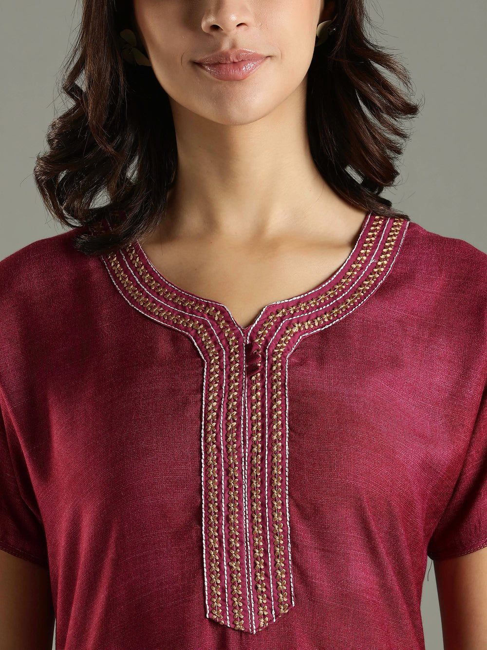 Magenta Pink Embroidered Long Nighty For Ladies In Alpine