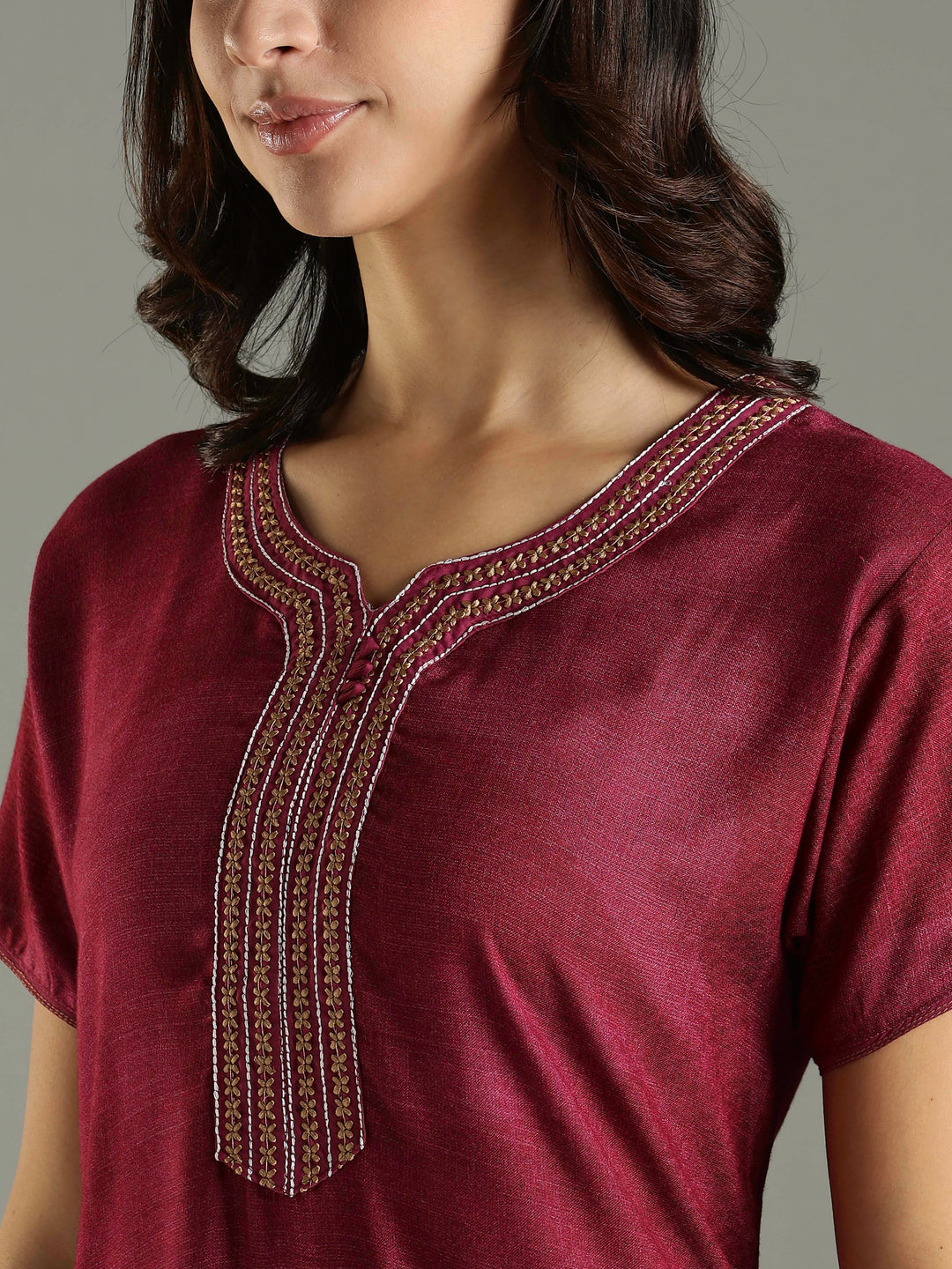 Magenta Pink Embroidered Long Nighty For Ladies In Alpine