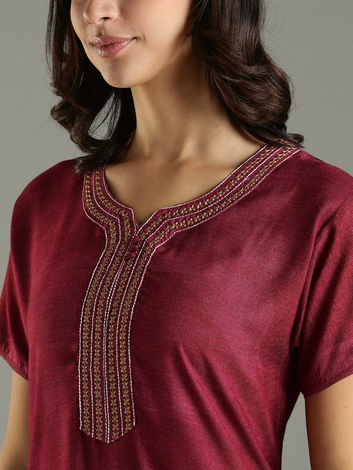 Magenta Pink Embroidered Long Nighty For Ladies In Alpine