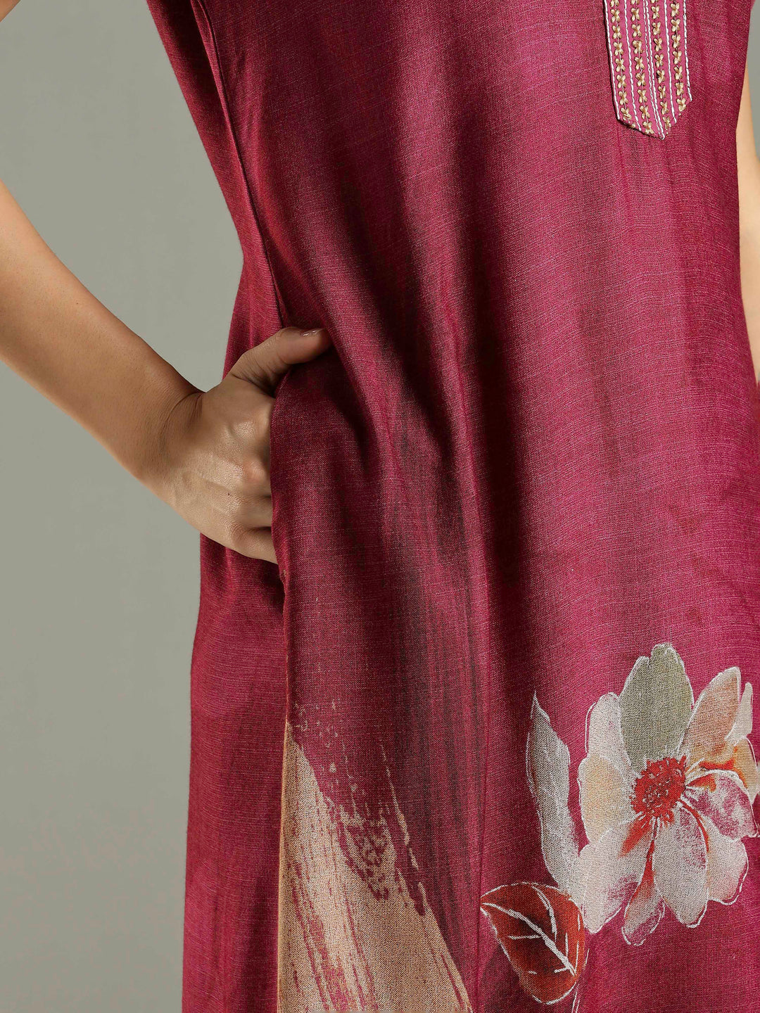 Magenta Pink Embroidered Long Nighty For Ladies In Alpine