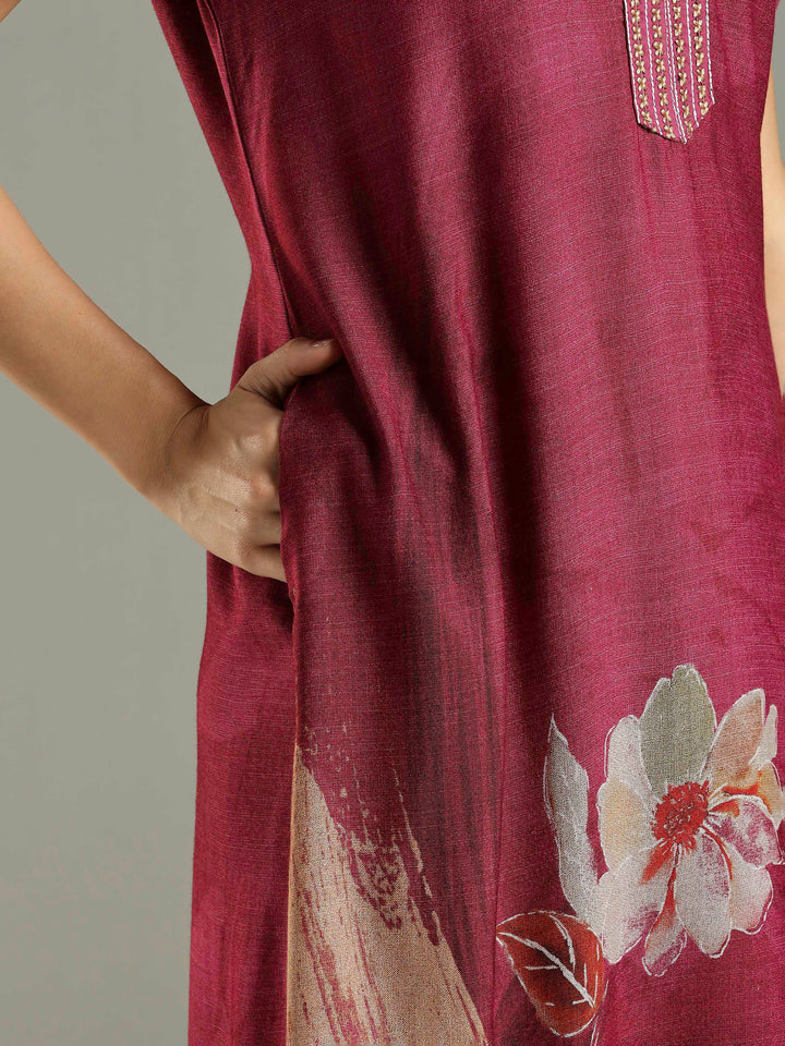 Magenta Pink Embroidered Long Nighty For Ladies In Alpine