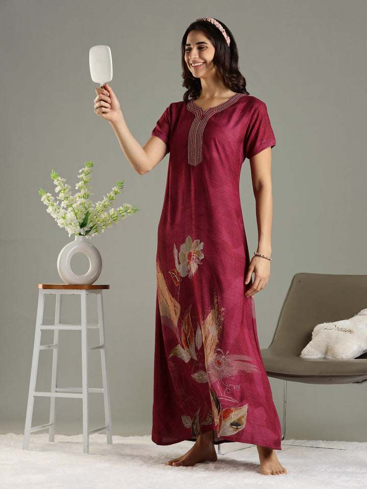 Magenta Pink Embroidered Long Nighty For Ladies In Alpine