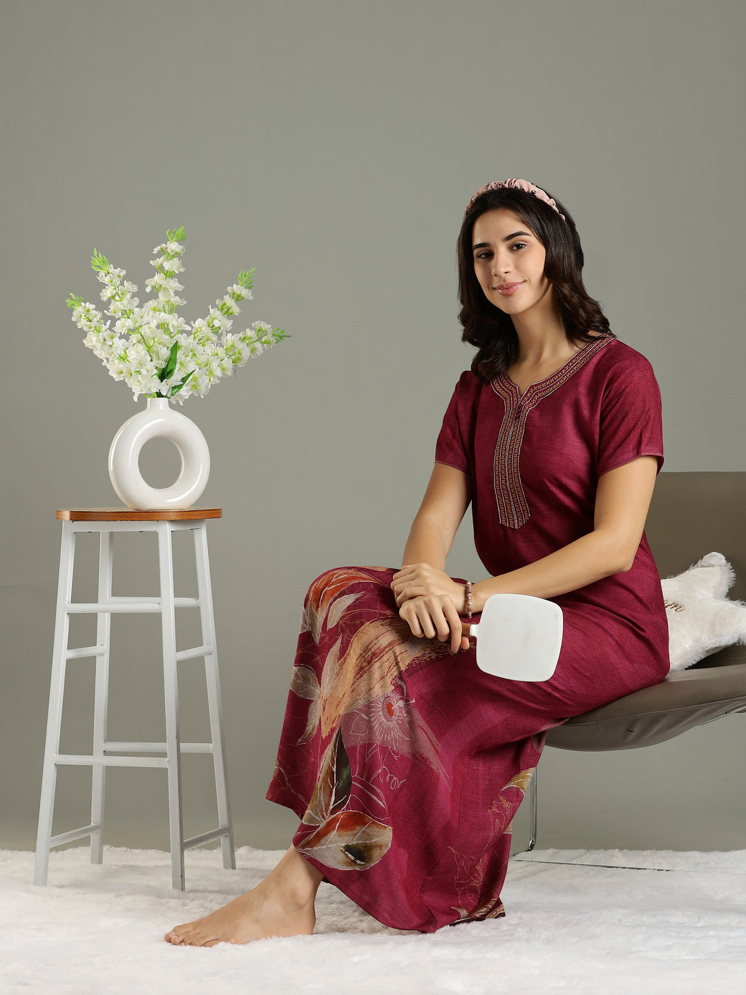 Magenta Pink Embroidered Long Nighty For Ladies In Alpine