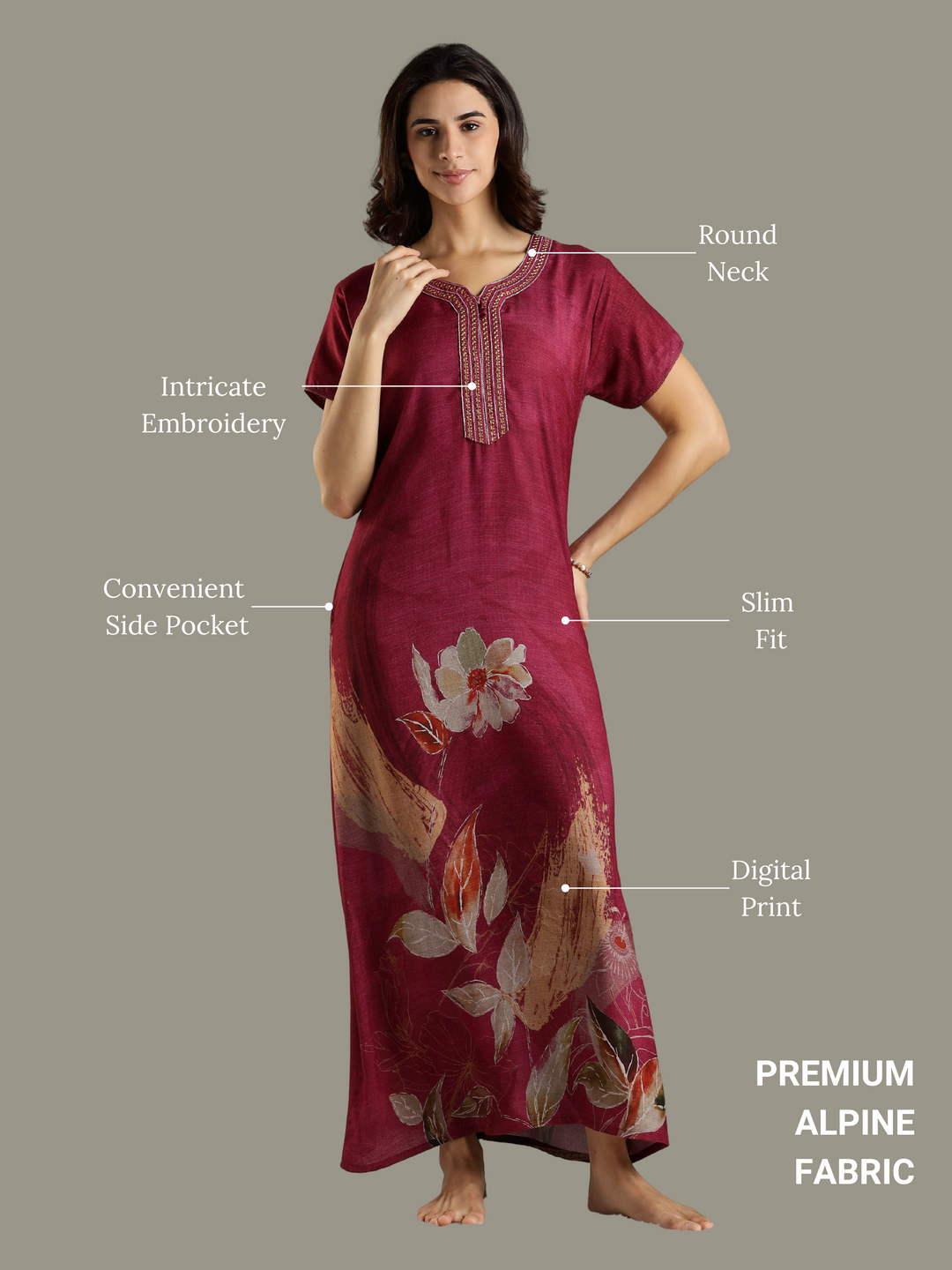 Magenta Pink Embroidered Long Nighty For Ladies In Alpine