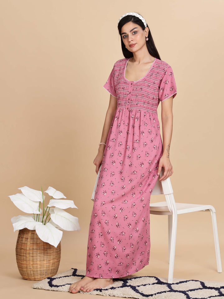 Relaxed Fit Pink Pleated Night dress For Women