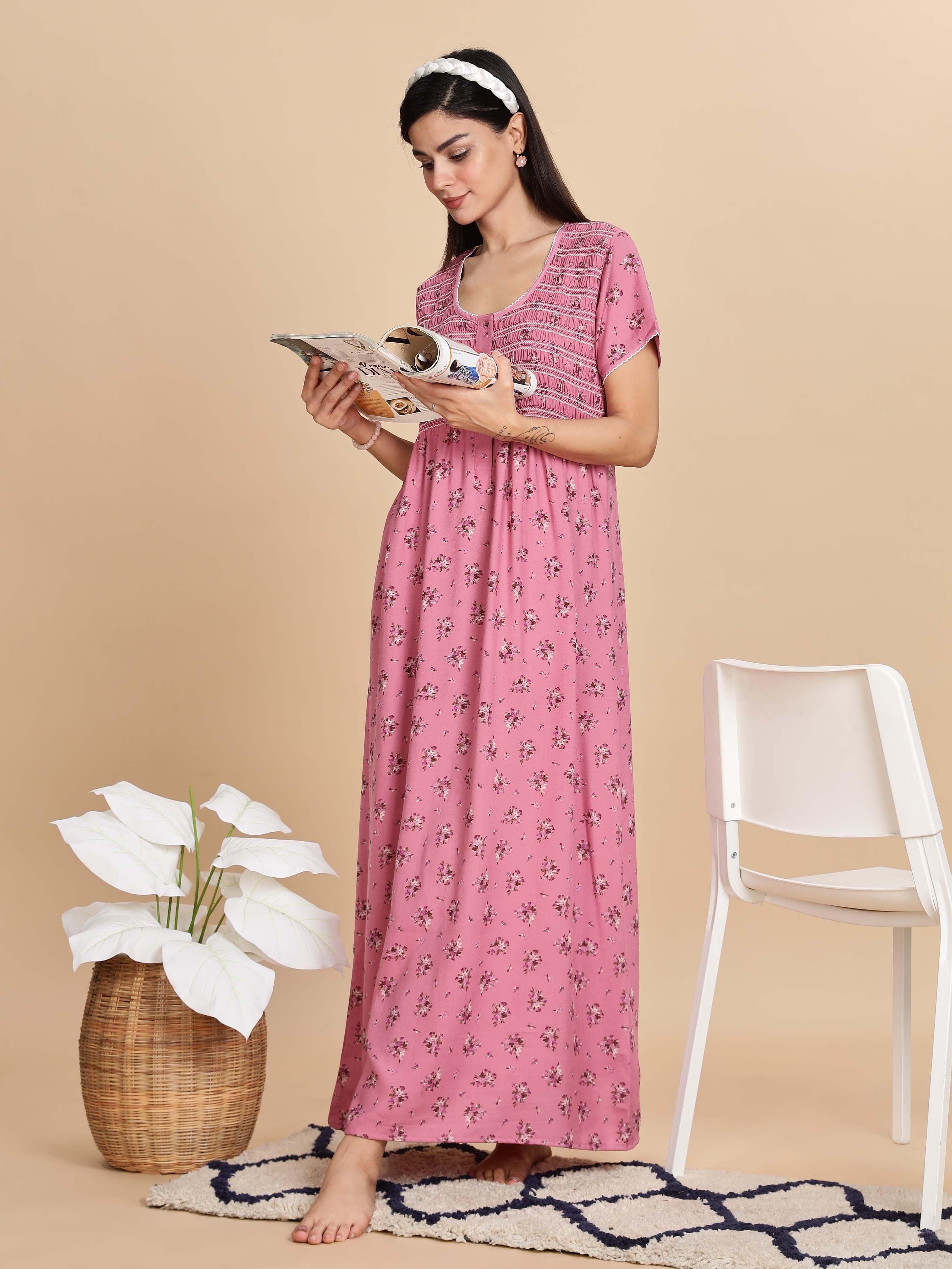 Buy Relaxed Fit Pink Pleated Night dress For Women Online
