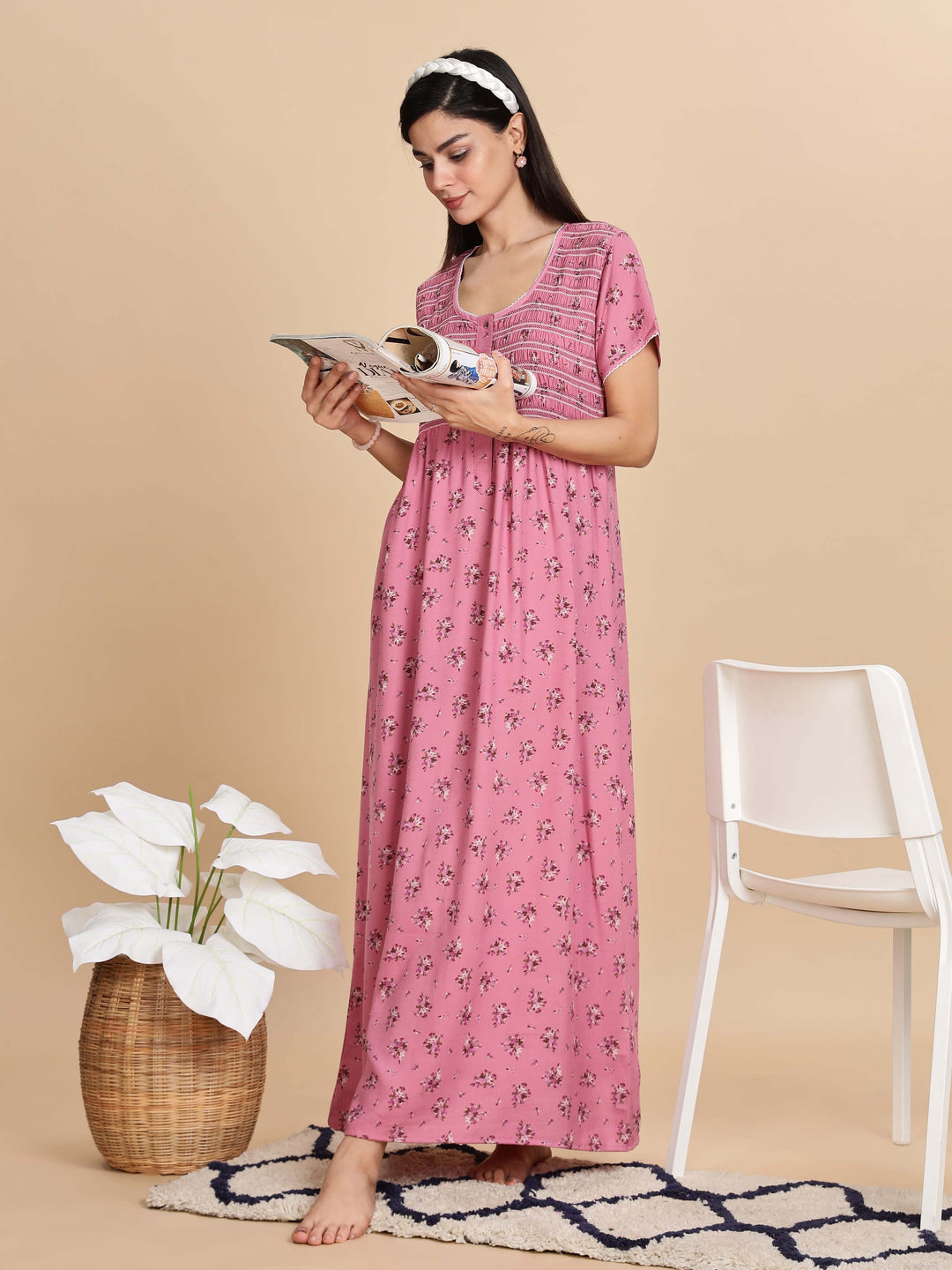 Relaxed Fit Pink Pleated Night dress For Women