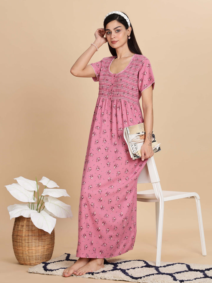 Relaxed Fit Pink Pleated Night dress For Women