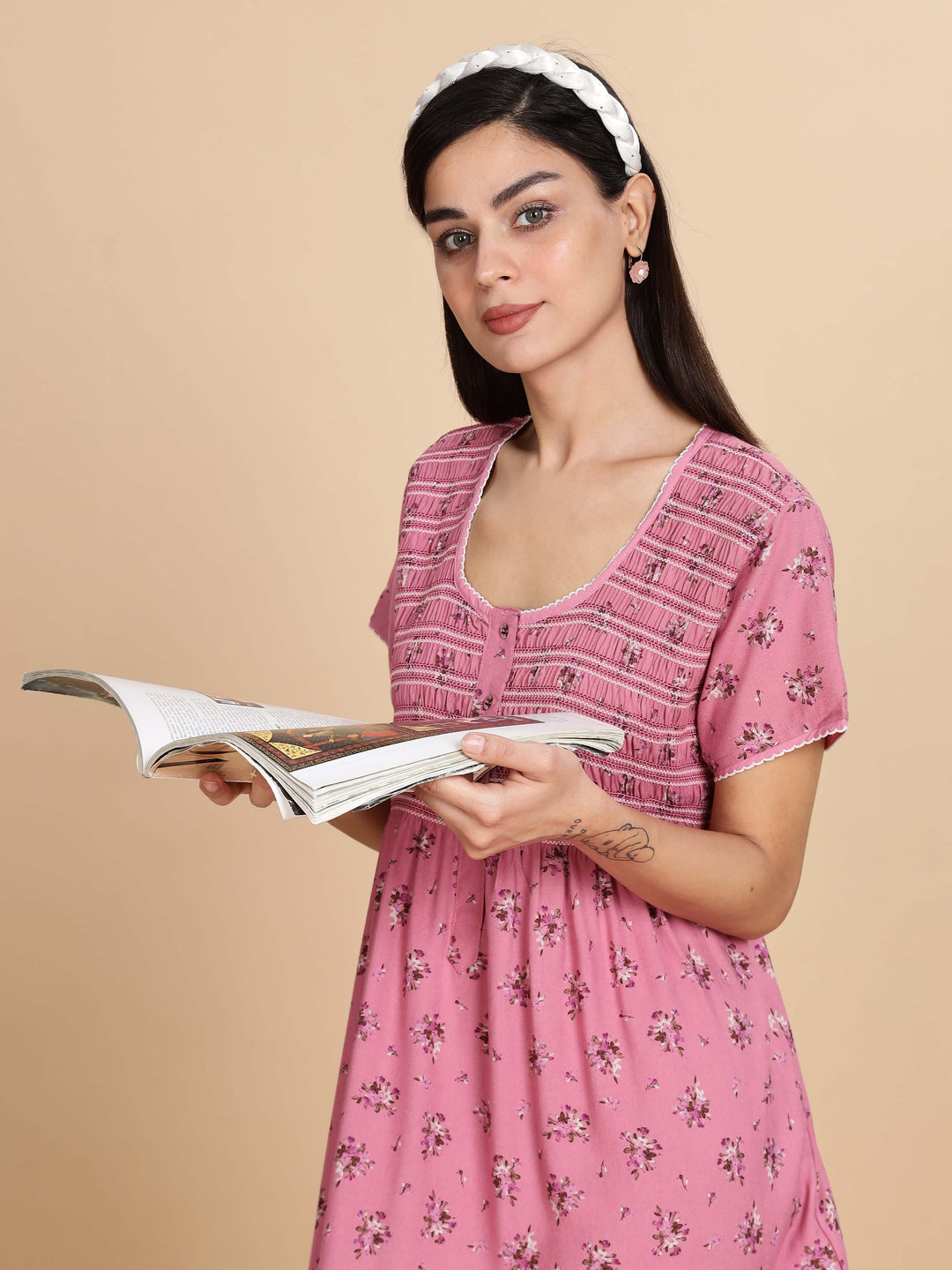 Relaxed Fit Pink Pleated Night dress For Women