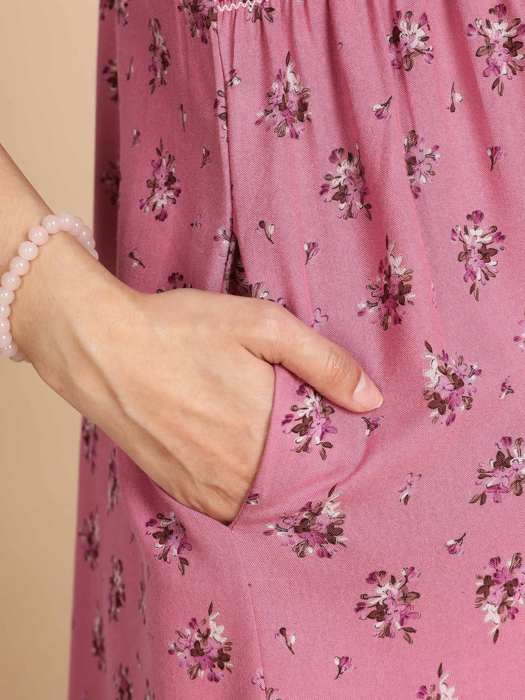 Relaxed Fit Pink Pleated Night dress For Women