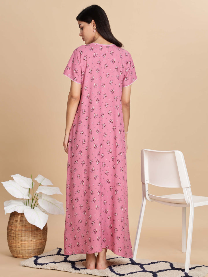 Relaxed Fit Pink Pleated Night dress For Women