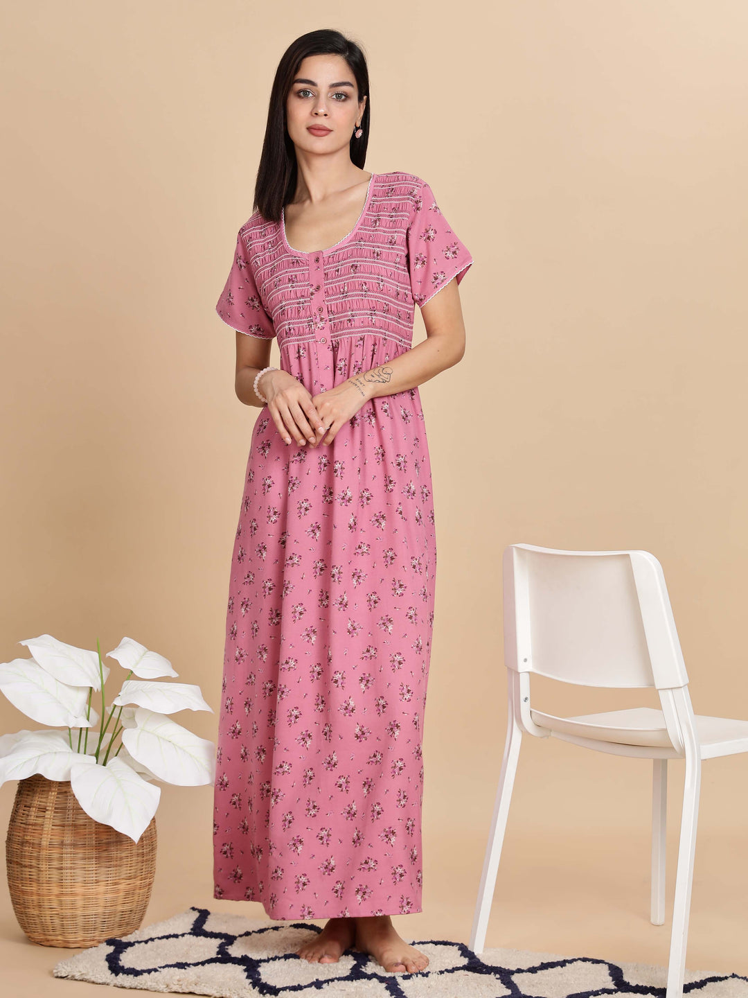 Relaxed Fit Pink Pleated Night dress For Women