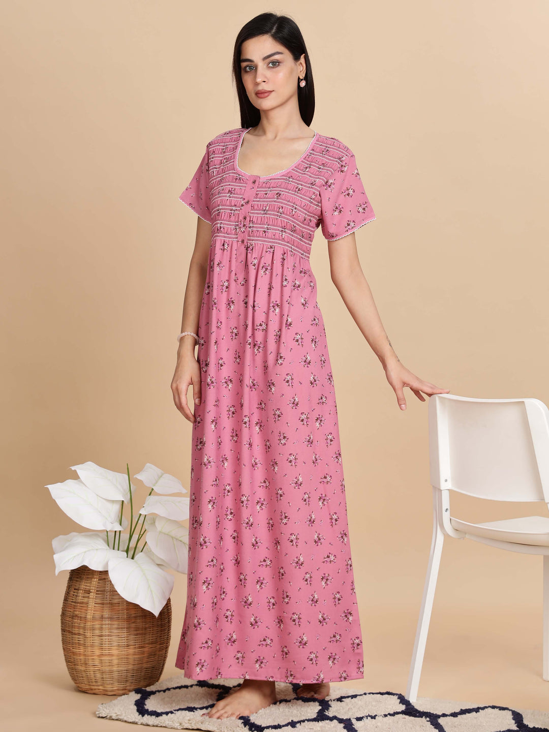 Relaxed Fit Pink Pleated Night dress For Women