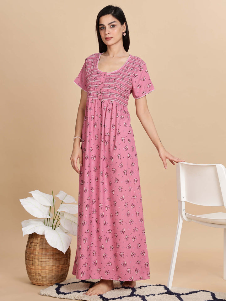 Relaxed Fit Pink Pleated Night dress For Women