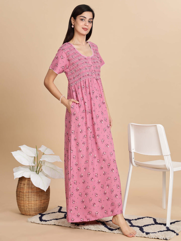 Relaxed Fit Pink Pleated Night dress For Women