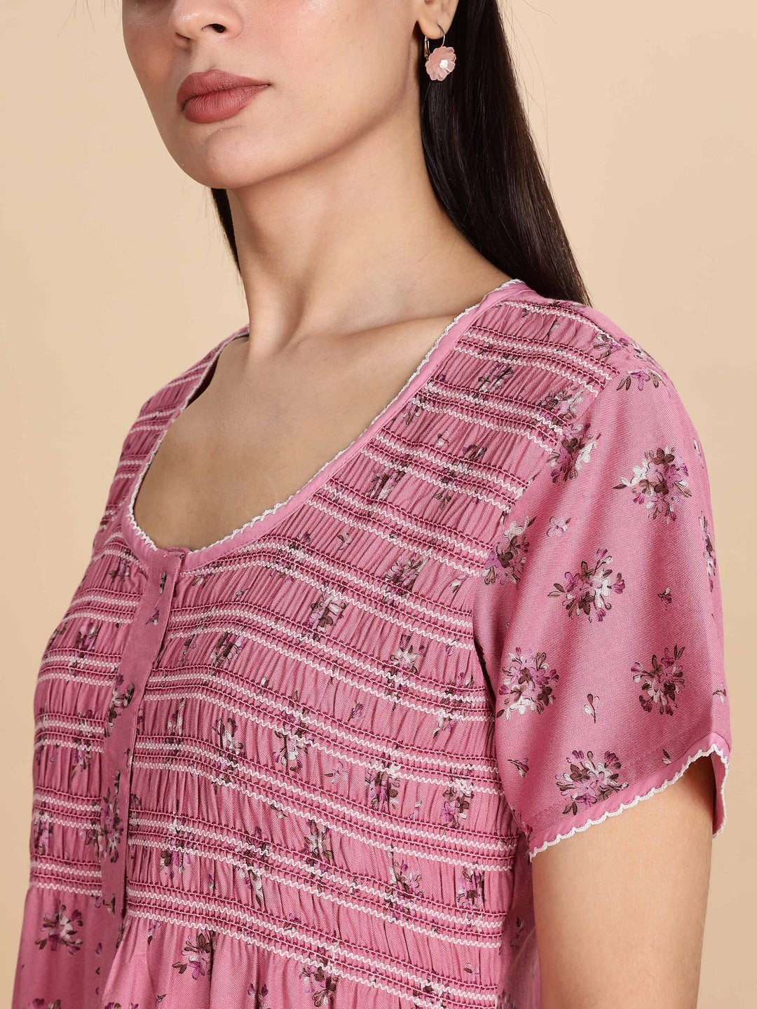 Relaxed Fit Pink Pleated Night dress For Women