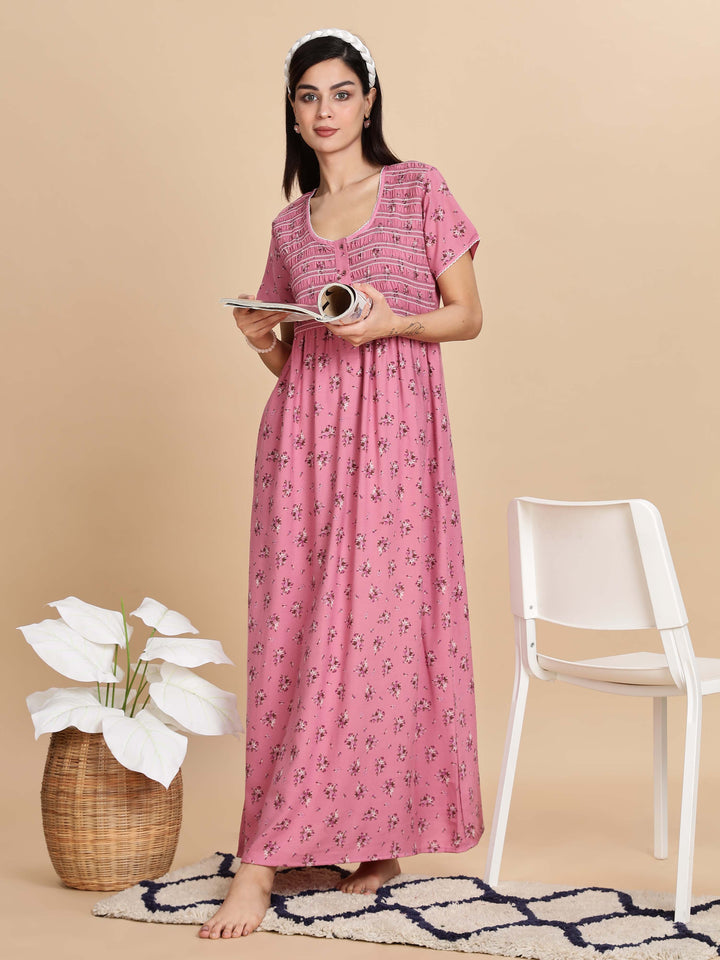Relaxed Fit Pink Pleated Night dress For Women