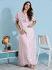 Polka Dot Pink Rayon Nighty for Women with Pocket and Lace Trim